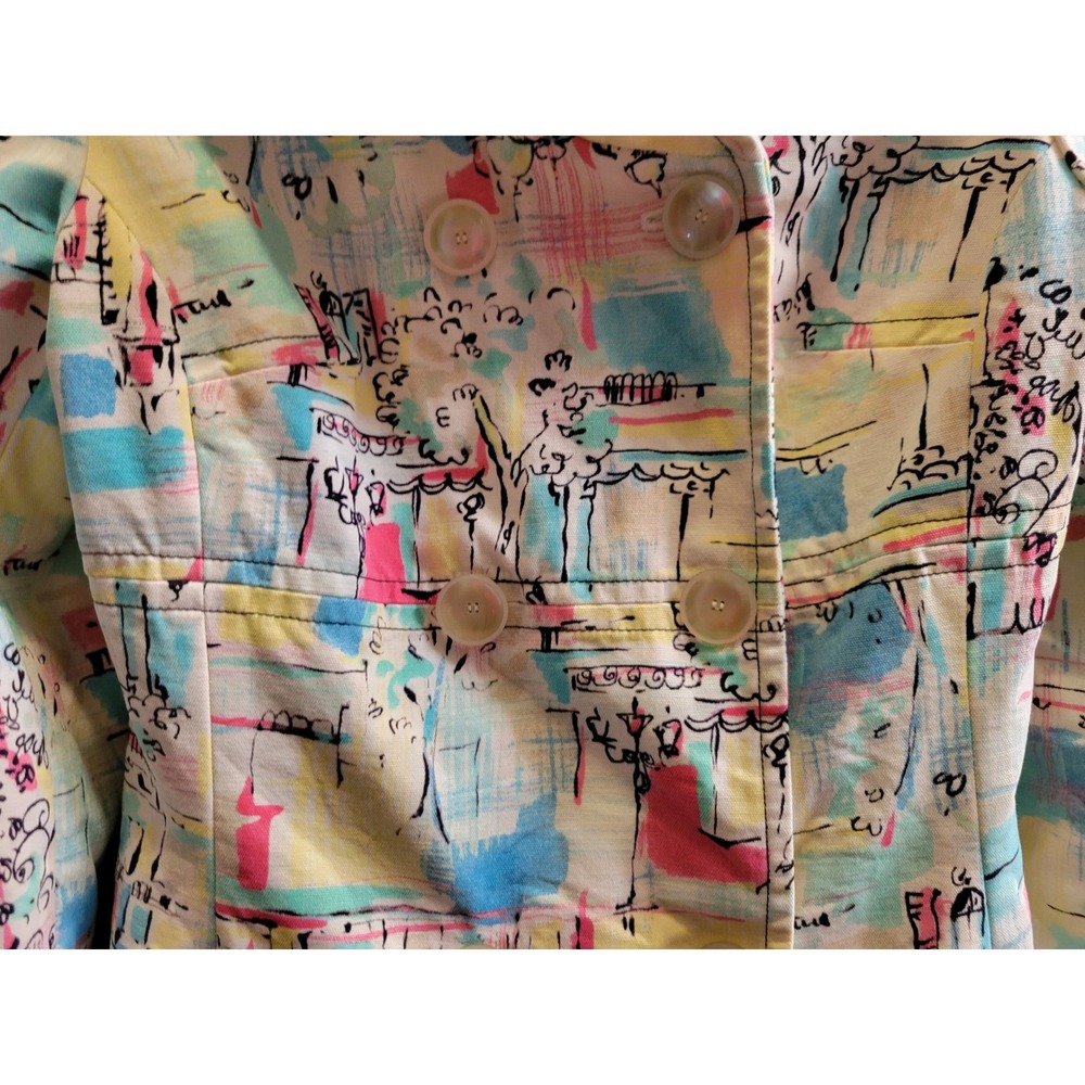 i.e. Womens Abstract Cityscape Print Cotton Trench Coat Pastel Double Breasted S - Picture 5 of 12